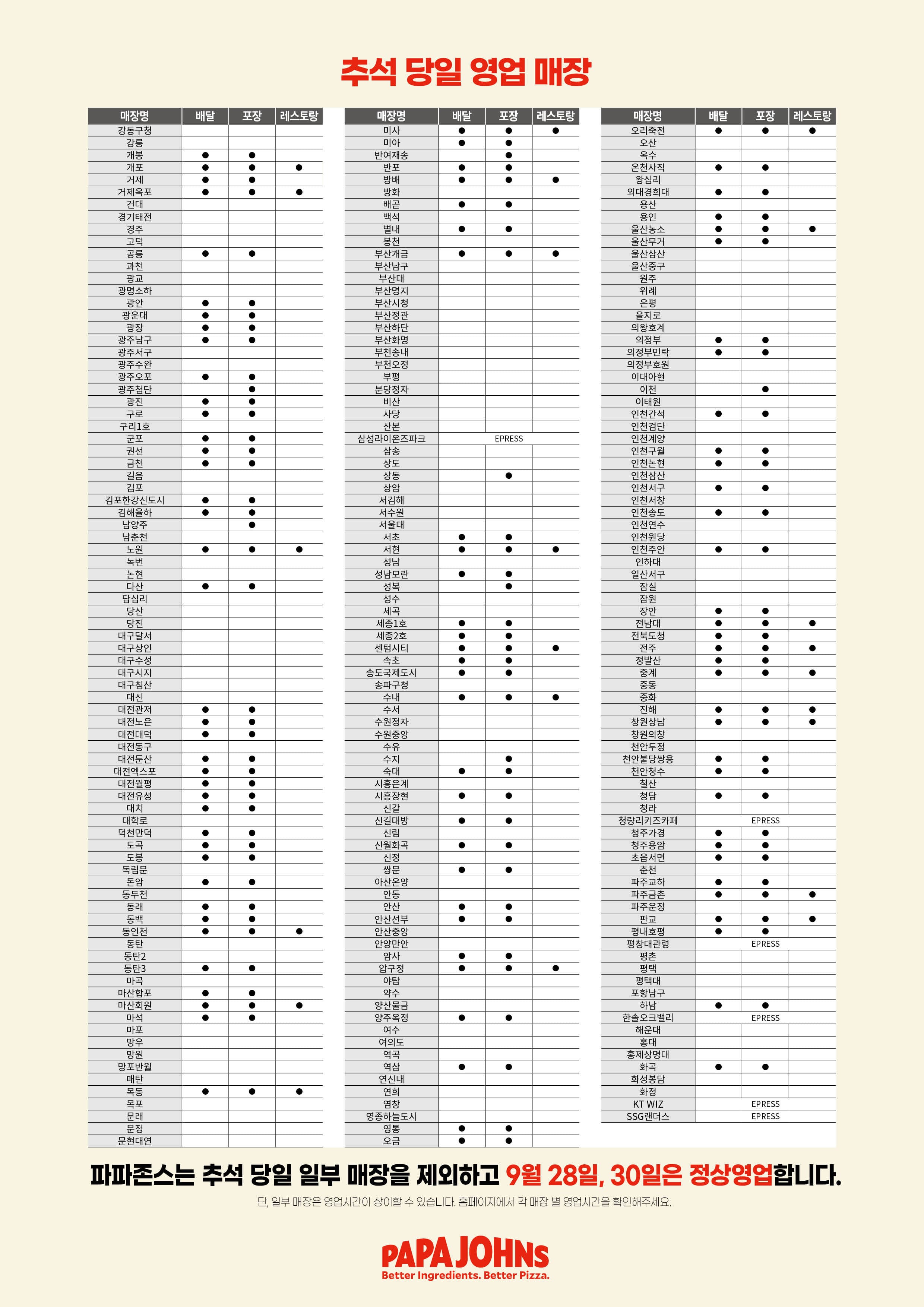 2023년 추석 당일 영업 매장 안내